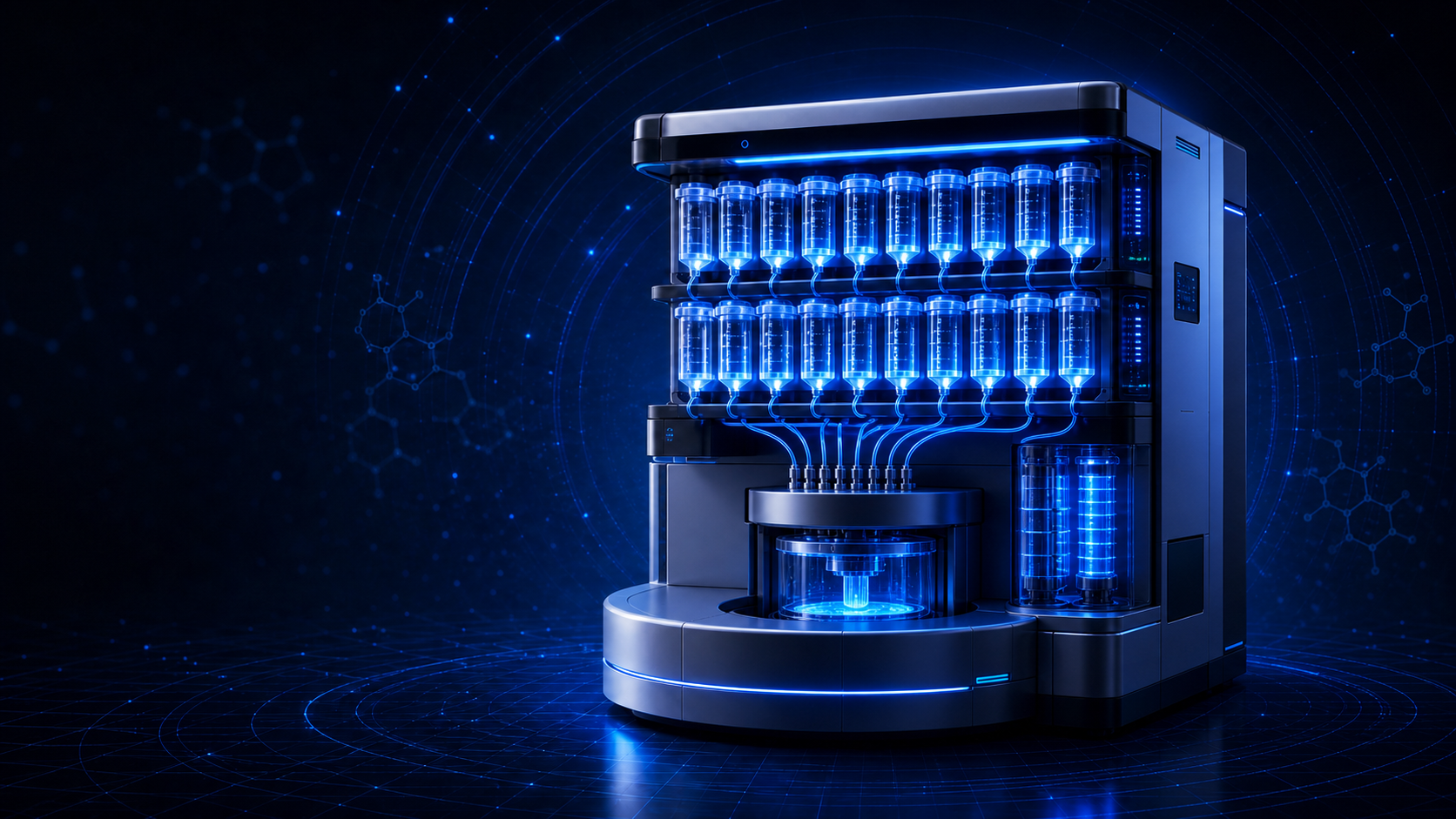 Futuristic blue automated laboratory instrument with integrated microwave reactor